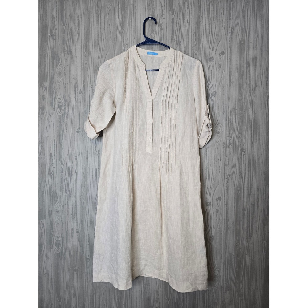 J.McLaughlin Linen Tunic Dress Womens XS Cream Pintuck Roll Tab Sleeve Coastal